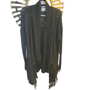 Dark Hunter Green Knit Open Front Cardigan with Fringe and Elbow Patches *Women